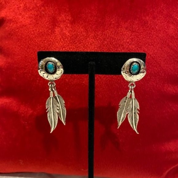 VTG Fred Weekoty Zuni Sterling Turquoise Feather EARRINGS - Picture 2 of 8